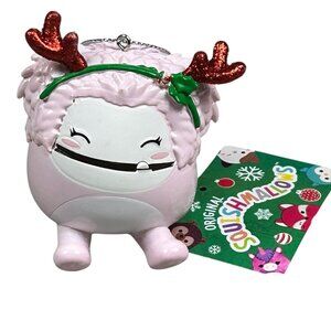 NEW 2022 Squishmallow Christmas Ornament BRINA The Pink Bigfoot YETI Red Antlers